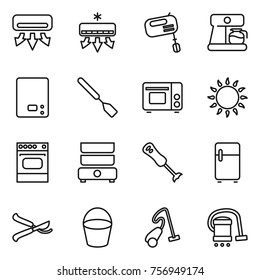 Thin line icon set : air conditioning, mixer, coffee maker, kitchen scales, spatula, grill oven, gas, double boiler, blender, fridge, pruner, bucket, vacuum cleaner