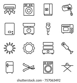 Thin line icon set : air conditioning, washing machine, fridge, mixer, kitchen scales, handle, grill oven, gas, induction, double boiler, blender, pruner, iron board