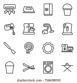 Thin line icon set : air conditioning, iron, fridge, bucket, mixer, coffee maker, vacuum cleaner, kettle, spatula, elecric oven, induction, food processor, pruner, washing machine, board