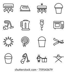 Thin line icon set : air conditioning, iron, bucket, vacuum cleaner, kettle, handle scales, grill oven, gas, elecric, pruner, kitchen cleaning, board