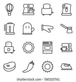 Thin line icon set : air ballon, coffee maker, toaster, kettle, cook glove, turk, induction oven, steake, hot pepper, sun, iron