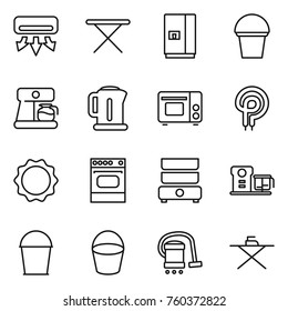 Thin line icon set : air conditioning, iron board, fridge, bucket, coffee maker, kettle, grill oven, elecric, induction, double boiler, food processor, vacuum cleaner