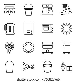 Thin line icon set : air conditioning, bucket, coffee maker, vacuum cleaner, kettle, kitchen scales, grill oven, gas, elecric, induction, double boiler, fridge, pruner, cleaning