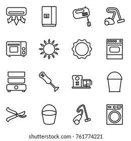 Thin line icon set : air conditioning, fridge, mixer, vacuum cleaner, grill oven, gas, induction, double boiler, blender, food processor, bucket, pruner, washing machine