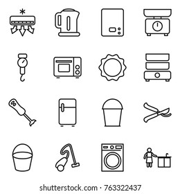 Thin line icon set : air conditioning, kettle, kitchen scales, handle, grill oven, induction, double boiler, blender, fridge, bucket, pruner, vacuum cleaner, washing machine, cleaning
