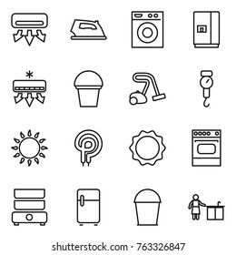 Thin line icon set : air conditioning, iron, washing machine, fridge, bucket, vacuum cleaner, handle scales, gas oven, elecric, induction, double boiler, kitchen cleaning