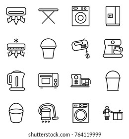 Thin line icon set : air conditioning, iron board, washing machine, fridge, bucket, mixer, coffee maker, kettle, grill oven, food processor, vacuum cleaner, kitchen cleaning