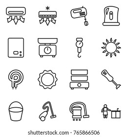 Thin line icon set : air conditioning, mixer, kettle, kitchen scales, handle, gas oven, elecric, induction, double boiler, blender, bucket, vacuum cleaner, cleaning