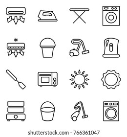 Thin line icon set : air conditioning, iron, board, washing machine, bucket, vacuum cleaner, kettle, spatula, grill oven, gas, induction, double boiler