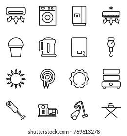 Thin line icon set : air conditioning, washing machine, fridge, bucket, kettle, kitchen scales, handle, gas oven, elecric, induction, double boiler, blender, food processor, vacuum cleaner
