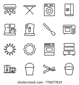 Thin line icon set : air conditioning, iron board, washing machine, fridge, coffee maker, kettle, spatula, grill oven, gas, induction, double boiler, food processor, bucket, pruner