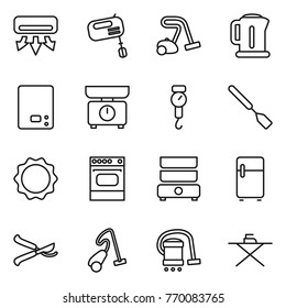 Thin line icon set : air conditioning, mixer, vacuum cleaner, kettle, kitchen scales, handle, spatula, induction oven, double boiler, fridge, pruner, iron board