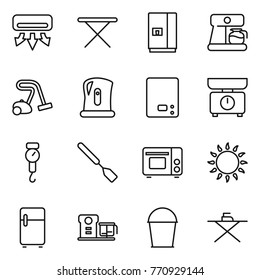 Thin line icon set : air conditioning, iron board, fridge, coffee maker, vacuum cleaner, kettle, kitchen scales, handle, spatula, grill oven, gas, food processor, bucket