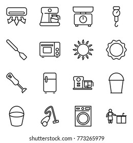 Thin line icon set : air conditioning, coffee maker, kitchen scales, handle, spatula, grill oven, gas, induction, blender, fridge, food processor, bucket, vacuum cleaner, washing machine, cleaning