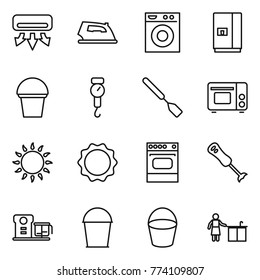 Thin line icon set : air conditioning, iron, washing machine, fridge, bucket, handle scales, spatula, grill oven, gas, induction, blender, food processor, kitchen cleaning