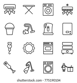 Thin line icon set : air conditioning, iron board, washing machine, bucket, vacuum cleaner, kettle, kitchen scales, handle, induction oven, double boiler, blender, cleaning