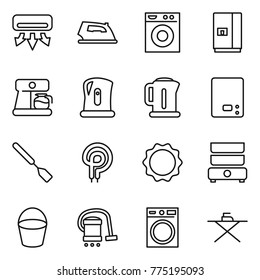 Thin line icon set : air conditioning, iron, washing machine, fridge, coffee maker, kettle, kitchen scales, spatula, elecric oven, induction, double boiler, bucket, vacuum cleaner, board
