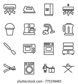 Thin line icon set : air conditioning, iron, fridge, bucket, coffee maker, vacuum cleaner, kettle, spatula, grill oven, double boiler, pruner, washing machine, kitchen cleaning, board