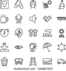 Thin Line Icon Set - airport bus vector, train, umbrella, globe, factory, ladder, tree, garden light, pills, eye, speaker, microphone, themes, alarm, download, coffee, copybook, handshake, sun panel