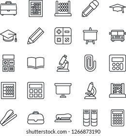 Thin Line Icon Set - airport bus vector, book, calculator, graduate, abacus, presentation board, microscope, case, paper clip, pencil, stapler