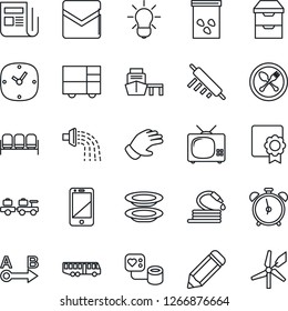 Thin Line Icon Set - airport bus vector, spoon and fork, alarm clock, waiting area, baggage larry, pencil, watering, glove, hose, seeds, blood pressure, sea port, consolidated cargo, route, news, tv