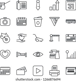 Thin Line Icon Set - airport bus vector, barrier, bed, growth statistic, tie, coffee, factory, printer, lawn mower, heart, hand, eye, term, flame disk, camera, play button, calendar, cellular signal