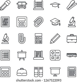 Thin Line Icon Set - airport bus vector, book, calculator, graduate, abacus, presentation board, microscope, case, paper clip, pencil, stapler