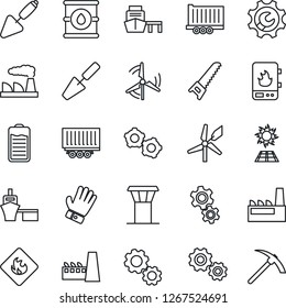 Thin Line Icon Set - airport tower vector, gear, factory, trowel, glove, saw, truck trailer, sea port, flammable, oil barrel, battery, root setup, windmill, water heater, sun panel, hard work