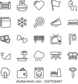 Thin Line Icon Set - airport bus vector, printer, tree, rain, bench, heart, dropper, broken bone, cash, container, heavy scales, search cargo, loudspeaker, cellular signal, blank box, stapler, tv