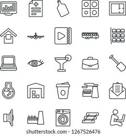 Thin Line Icon Set - Airport Bus Vector, Plane, Seat Map, Case, Coffee, Job, Factory, Diagnosis, Eye, Warehouse Storage, Speaker, Mail, Video, Application, Monitor Statistics, Paper Tray, Plan