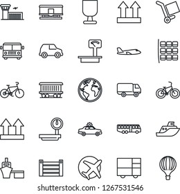 Thin Line Icon Set - airport bus vector, alarm car, plane, seat map, building, bike, earth, railroad, sea shipping, delivery, port, container, consolidated cargo, fragile, up side sign, heavy scales