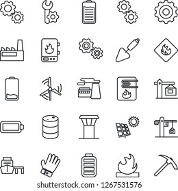 Thin Line Icon Set - airport tower vector, gear, factory, trowel, glove, sea port, flammable, oil barrel, battery, low, root setup, sun panel, windmill, crane, water heater, hard work