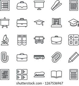 Thin Line Icon Set - airport bus vector, checkroom, book, calculator, graduate, abacus, presentation board, microscope, case, paper clip, pencil, stapler