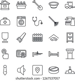 Thin Line Icon Set - airport tower vector, washer, fork loader, boarding, tie, meeting, calendar, job, factory, rake, saw, house, doctor case, stethoscope, pills, hospital bed, fragile, speaker