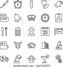 Thin Line Icon Set - airport bus vector, spoon and fork, alarm clock, office building, pennant, tie, glove, microscope, scalpel, warehouse storage, tulip, battery, bell, calendar, place tag, video