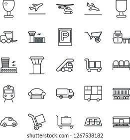 Thin Line Icon Set - airport tower vector, taxi, departure, arrival, baggage trolley, parking, train, waiting area, fork loader, ladder car, helicopter, building, wheelbarrow, railroad, delivery