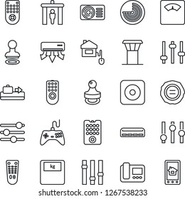 Thin Line Icon Set - airport tower vector, baggage conveyor, security gate, stamp, radar, scales, gamepad, settings, remote control, rec button, tuning, air conditioner, home, intercome, app