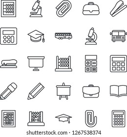 Thin Line Icon Set - airport bus vector, book, calculator, graduate, abacus, presentation board, microscope, paper clip, pencil, stapler, case