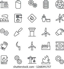 Thin Line Icon Set - airport tower vector, gear, factory, trowel, glove, sickle, sea port, flammable, oil barrel, reel, battery, windmill, crane, water heater