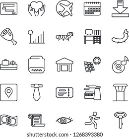 Thin Line Icon Set - airport tower vector, baggage conveyor, ticket, desk, factory, caterpillar, run, heart hand, eye, plane, term, warehouse, hdmi, download, place tag, music, cellular signal, ham