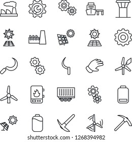 Thin Line Icon Set - airport tower vector, gear, factory, glove, sickle, truck trailer, sea port, low battery, root setup, sun panel, windmill, water heater, hard work