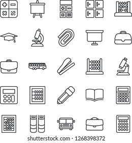 Thin Line Icon Set - airport bus vector, checkroom, book, calculator, graduate, abacus, presentation board, microscope, case, paper clip, pencil, stapler
