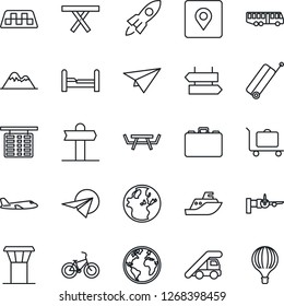 Thin Line Icon Set - airport tower vector, taxi, suitcase, baggage trolley, bus, signpost, ladder car, boarding, plane, flight table, case, picnic, bike, earth, sea shipping, place tag, mountains