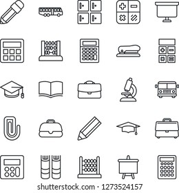 Thin Line Icon Set - airport bus vector, checkroom, book, calculator, graduate, abacus, presentation board, microscope, case, paper clip, pencil, stapler