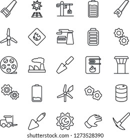 Thin Line Icon Set - airport tower vector, fork loader, gear, factory, trowel, glove, saw, flammable, oil barrel, reel, battery, low, root setup, windmill, crane, water heater, sun panel, hard work