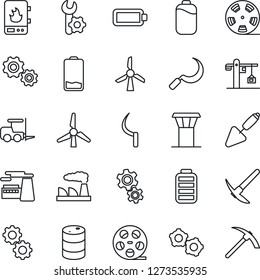 Thin Line Icon Set - airport tower vector, fork loader, gear, factory, trowel, sickle, oil barrel, reel, battery, low, root setup, windmill, crane, water heater, hard work