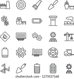 Thin Line Icon Set - airport tower vector, fork loader, gear, factory, trowel, saw, truck trailer, sea port, flammable, reel, battery, low, root setup, sun panel, windmill, crane