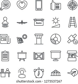 Thin Line Icon Set - airport tower vector, stamp, plane, presentation board, circle chart, ladder, well, greenhouse, heart, satellite, office phone, container, news, mobile, alarm, brightness, rooms