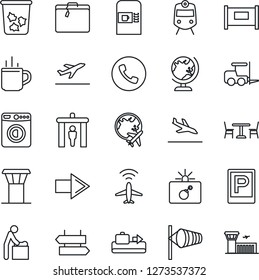 Thin Line Icon Set - airport tower vector, plane radar, fence, departure, arrival, suitcase, baggage conveyor, parking, hot cup, cafe, coffee machine, security gate, train, phone, trash bin, globe