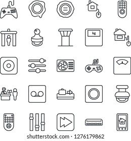 Thin Line Icon Set - airport tower vector, baggage conveyor, passport control, security gate, stamp, scales, gamepad, settings, remote, fast forward, rec button, tuning, record, air conditioner, app